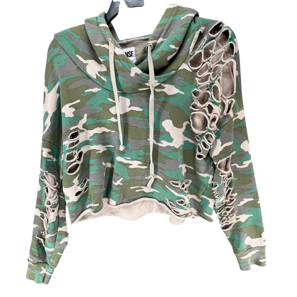 NSF Hoodie Womens M Green Camo Distressed Holes Cropped Sweatshirt USA Grunge
